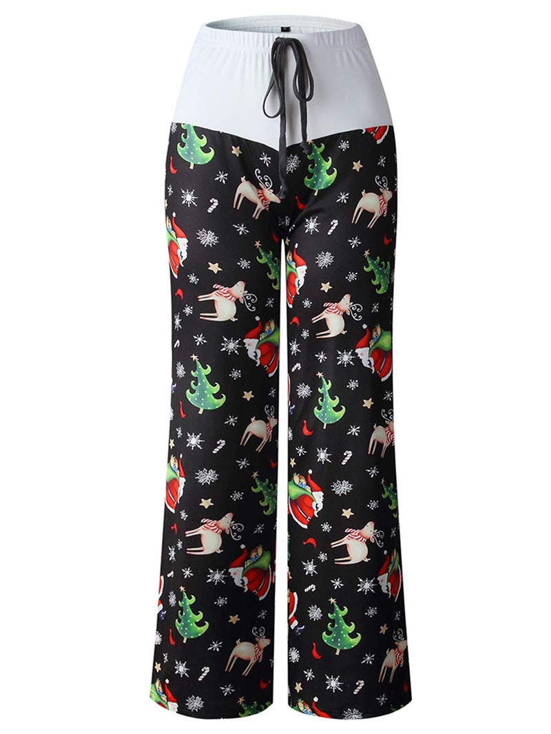 iChunhua Women's Christmas Print Elk Pajama Pants Drawstring High Waist Wide Leg Yoga Sport Pants(Xmas Black 1,Large) - Image 3